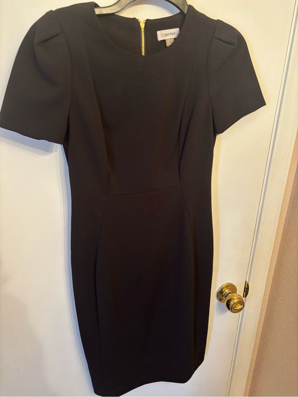 Calvin Klein Black Short Sleeve Sheath Dress with Gold Zip